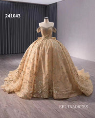 Champagne Beaded Ball Gown Wedding Dress Off-the-shoulder Quinceanera Dress 241043|Selinadress
