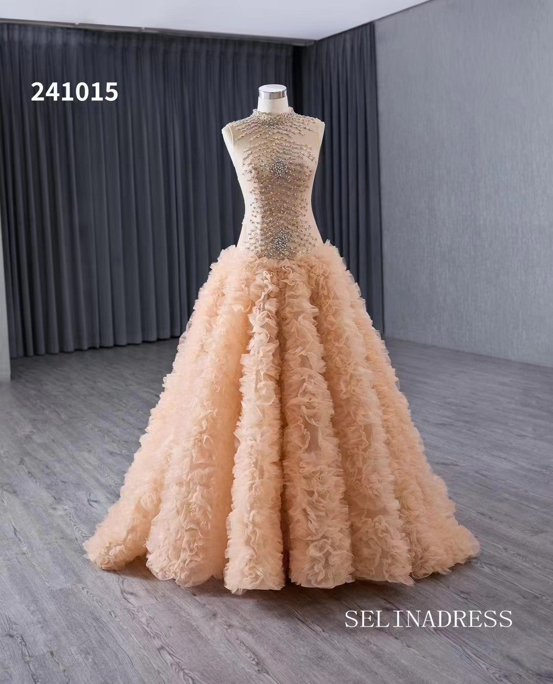 Champagne Beaded Wedding Dress Ruffled High Neck Quinceanera Dress 241015|Selinadress