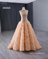 Champagne Beaded Wedding Dress Ruffled High Neck Quinceanera Dress 241015|Selinadress