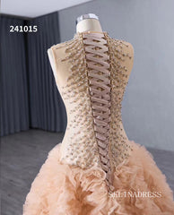 Champagne Beaded Wedding Dress Ruffled High Neck Quinceanera Dress 241015|Selinadress