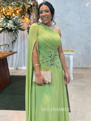 Charming A-line Chiffon Sage Long Prom Dress One Shoulder Evening Dress TKL703|Selinadress