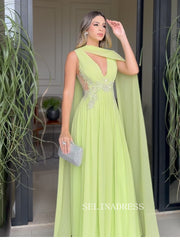 Charming A-line Chiffon V neck Sage Long Prom Dress Evening Dress TKL714|Selinadress