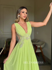 Charming A-line Chiffon V neck Sage Long Prom Dress Evening Dress TKL714|Selinadress