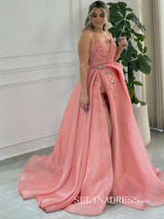 Charming A-line Strapless Peach Long Prom Dress Evening Dress With High Split TKL708|Selinadress