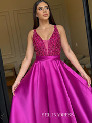Charming A-line V neck Fuchsia Long Prom Dress Beaded Evening Dress TKL704|Selinadress