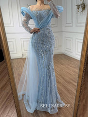 Charming Mermaid Light Sky Blue Full Beaded Long Prom Dress Evening Dress TKL723|Selinadress