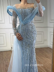 Charming Mermaid Light Sky Blue Full Beaded Long Prom Dress Evening Dress TKL723|Selinadress