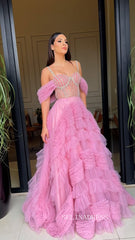 Charming Pink Beaded Long Prom Dress Evening Dress With Ruffles TKL706|Selinadress