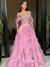 Charming Pink Beaded Long Prom Dress Evening Dress With Ruffles TKL706|Selinadress