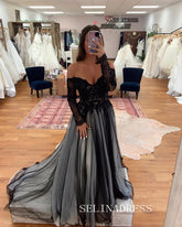 Chic A-line 0ff-the-shoulder Long Prom Dresses Elegant Black Lace Evening Gowns CRN031|Selinadress