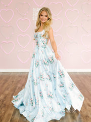 Chic A-line Blue Long Prom Dresses With Floral Elegant Formal Evening Gowns SEA028|Selinadress