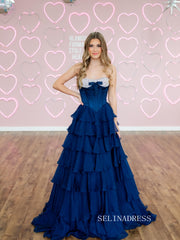 Chic A-line Dark Navy Long Prom Dresses With Ruffles Elegant Formal Evening Gowns SEA029|Selinadress