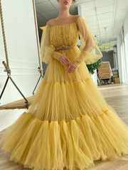 Chic A-line Long Sleeve Prom Dresses Elegant Yellow Evening Formal Gowns SEW0180|Selinadress