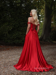 Chic A-line Off-the-shoulder Elegant Red Long Prom Dress Beaded Evening Dress #OPW019|Selinadress