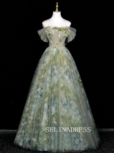 Chic A-line Off-the-shoulder Long Prom Dresses 3D Floral Evening Dress CRN065|Selinadress