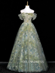 Chic A-line Off-the-shoulder Long Prom Dresses 3D Floral Evening Dress CRN065|Selinadress