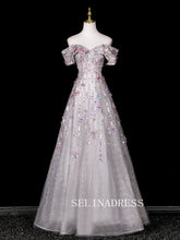 Chic A-line Off-the-shoulder Prom Dresses WIth Flower Sparkly Evening Dress CRN070|Selinadress