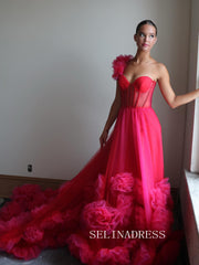 Chic A-line One Shoulder Pink Long Prom Dresses Elegant Long Formal Gowns SEA018|Selinadress