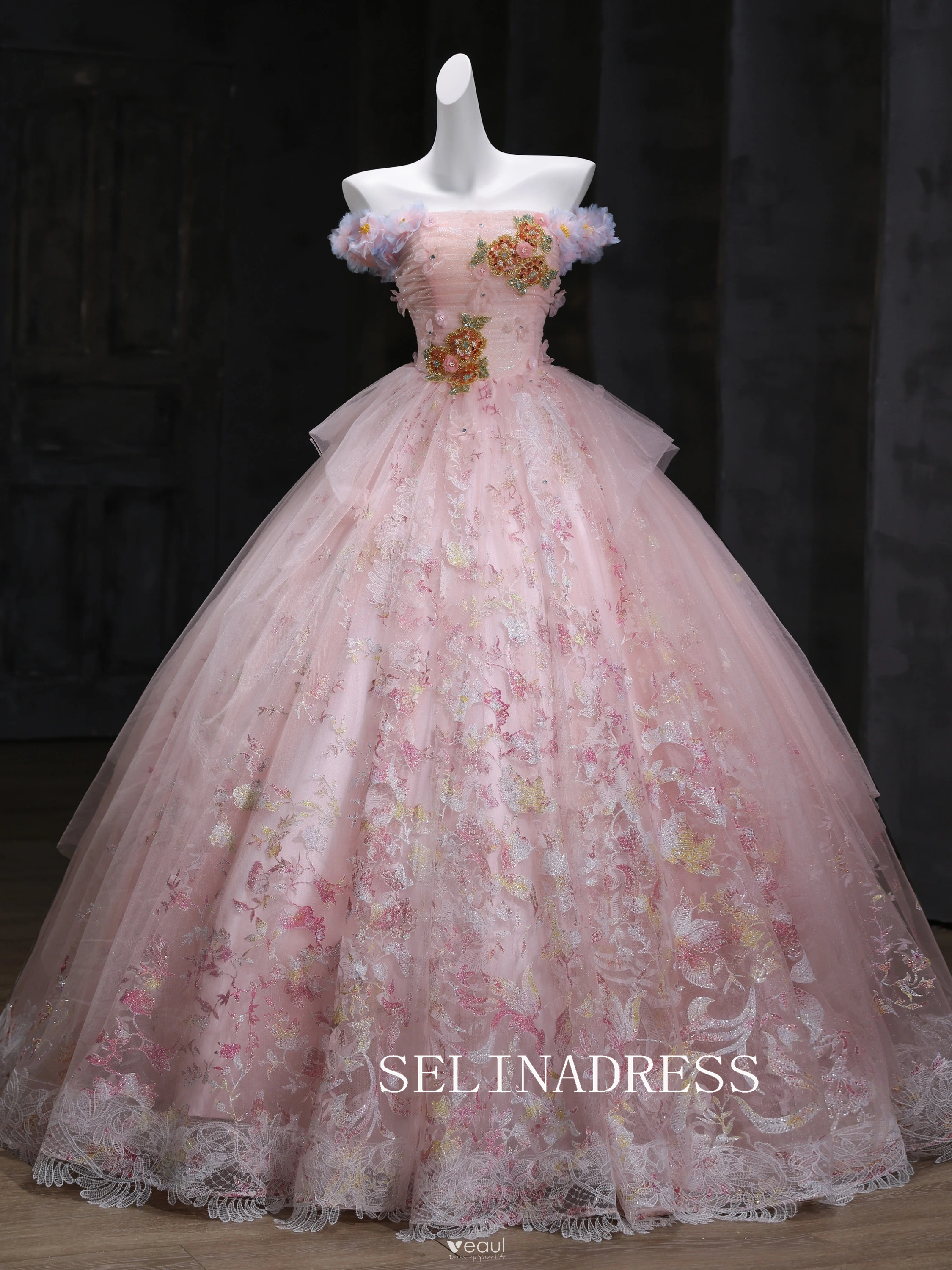 Chic A-line Pink Off-the-shoulder Prom Dresses Lace Floral Evening Dress CRN067|Selinadress