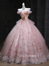 Chic A-line Pink Off-the-shoulder Prom Dresses Lace Floral Evening Dress CRN067|Selinadress