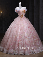 Chic A-line Pink Off-the-shoulder Prom Dresses Lace Floral Evening Dress CRN067|Selinadress