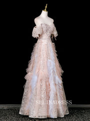 Chic A-line Pink Off-the-shoulder Prom Dresses Sparkly Evening Dress CRN069|Selinadress