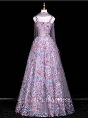 Chic A-line Pink Straps Long Prom Dresses 3D Floral Evening Dress CRN066|Selinadress