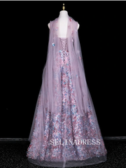 Chic A-line Pink Straps Long Prom Dresses 3D Floral Evening Dress CRN066|Selinadress