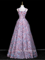 Chic A-line Pink Straps Long Prom Dresses 3D Floral Evening Dress CRN066|Selinadress