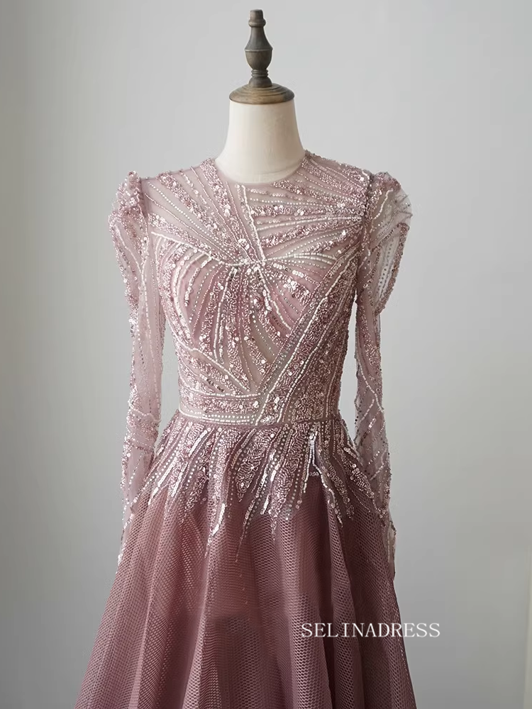 Chic Aline Scoop Long Sleeve Beaded Prom Dress Elegant Evening Dress