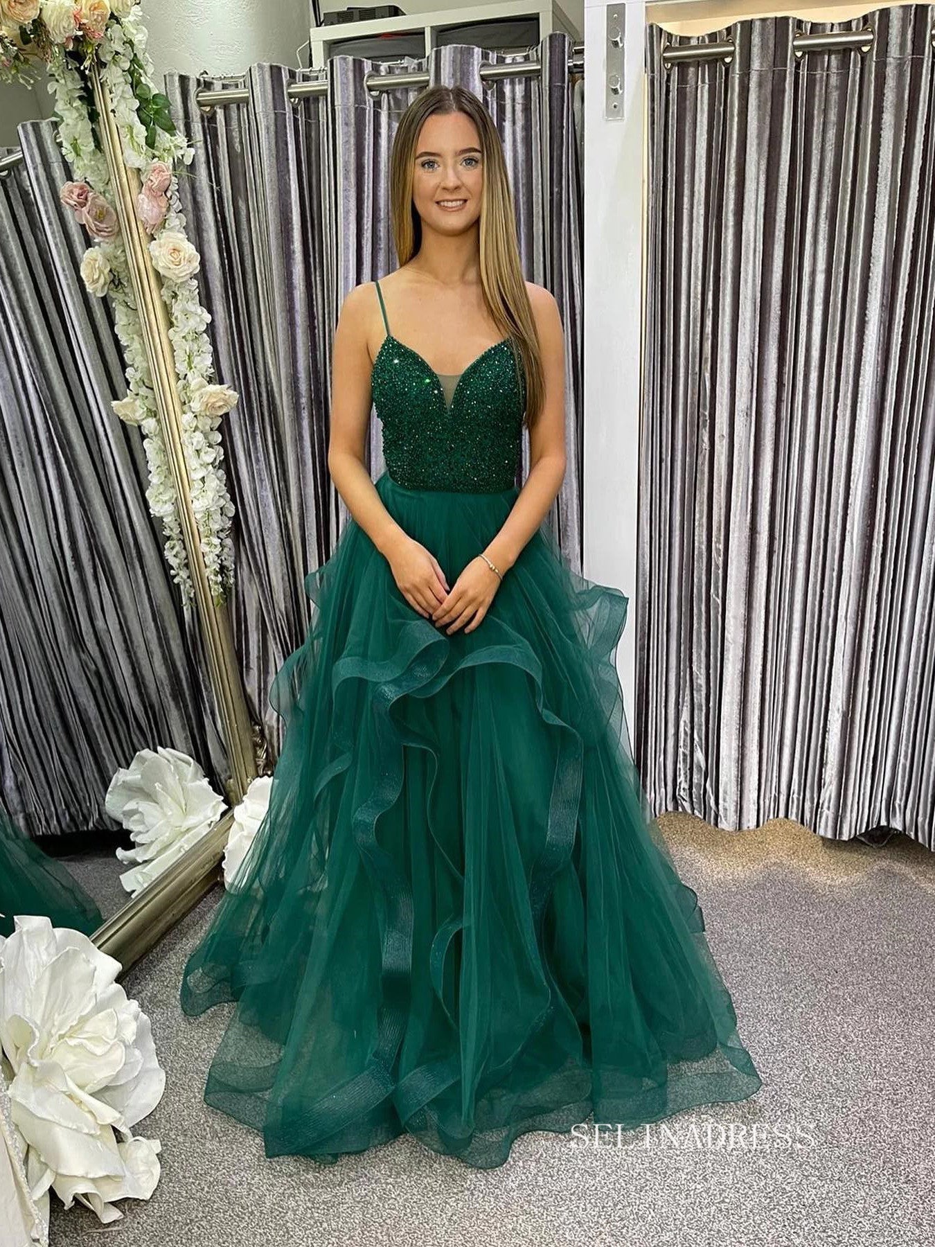 Chic A-line Spaghetti Straps Beaded Long Prom Dress Gorgeous Frill Layered Gown #OPW020|Selinadress