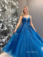 Chic A-line Spaghetti Straps Blue Appliques Long Prom Dress Elegant Party Dress #OPW016|Selinadress