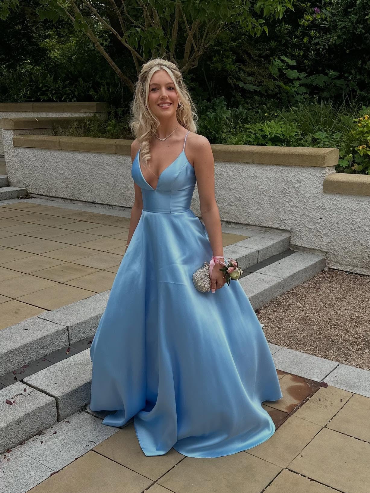 Chic A-line Spaghetti Straps Light Sky Blue Long Prom Dresses Cheap Evening Gowns MLH023 REN002|Selinadress