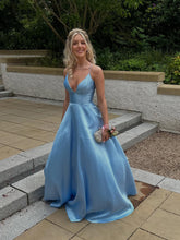 Chic A-line Spaghetti Straps Light Sky Blue Long Prom Dresses Cheap Evening Gowns MLH023 REN002|Selinadress