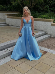 Chic A-line Spaghetti Straps Light Sky Blue Long Prom Dresses Cheap Evening Gowns MLH023 REN002|Selinadress
