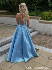 Chic A-line Spaghetti Straps Light Sky Blue Long Prom Dresses Cheap Evening Gowns MLH023 REN002|Selinadress