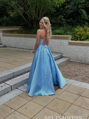 Chic A-line Spaghetti Straps Light Sky Blue Long Prom Dresses Cheap Evening Gowns MLH023 REN002|Selinadress