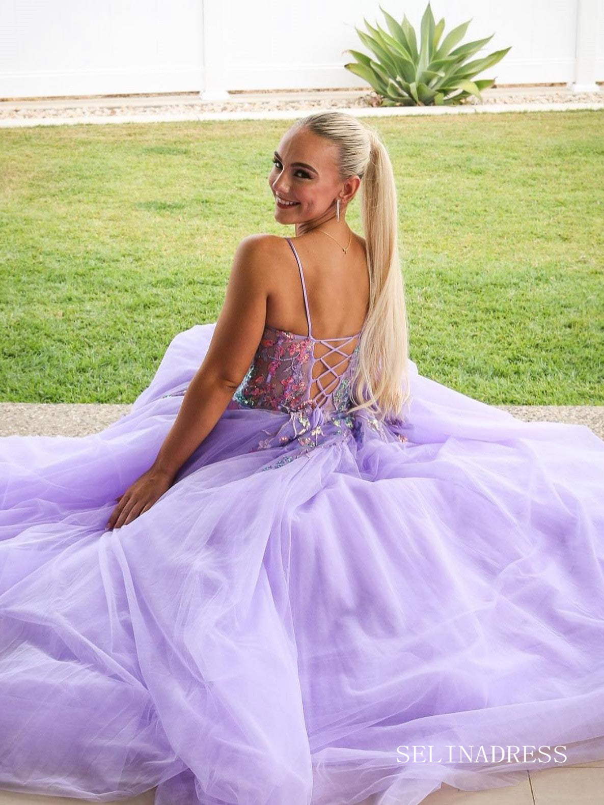 Chic A-line Spaghetti Straps Long Prom Dresses Elegant Lilac Evening Dress sew03580|Selinadress