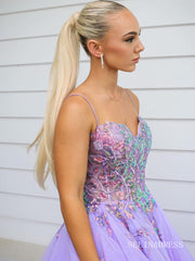 Chic A-line Spaghetti Straps Long Prom Dresses Elegant Lilac Evening Dress sew03580|Selinadress