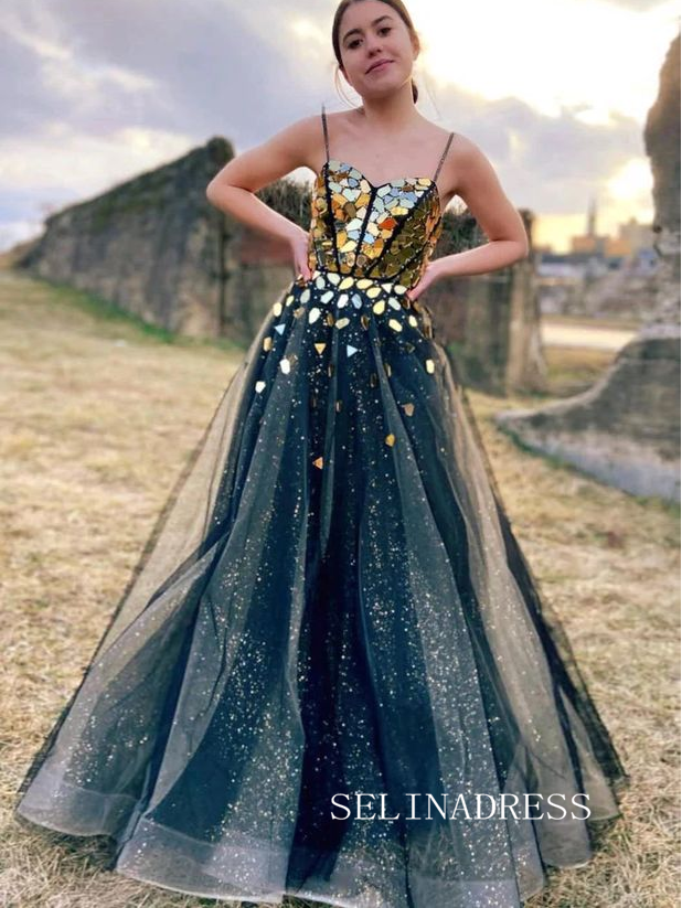 Chic A-line Spaghetti Straps Shiny Long Prom Dresses Glitter Evening Dress SEW0161|Selinadress