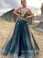Chic A-line Spaghetti Straps Shiny Long Prom Dresses Glitter Evening Dress SEW0161|Selinadress