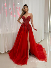 Chic A-line Strapless Elegant Red Long Prom Dresses Thigh Split Beaded Evening Dress sew03343|Selinadress
