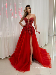 Chic A-line Strapless Elegant Red Long Prom Dresses Thigh Split Beaded Evening Dress sew03343|Selinadress