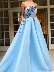 Chic A-line Strapless Long Prom Dresses Butterfly Light Sky Blue Evening Formal Dresses kts060|Selinadress