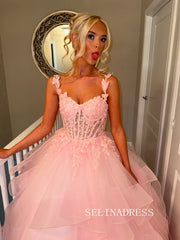 Chic A-line Straps Pink Long Prom Dresses Lace Appliques Evening Gowns REN003|Selinadress