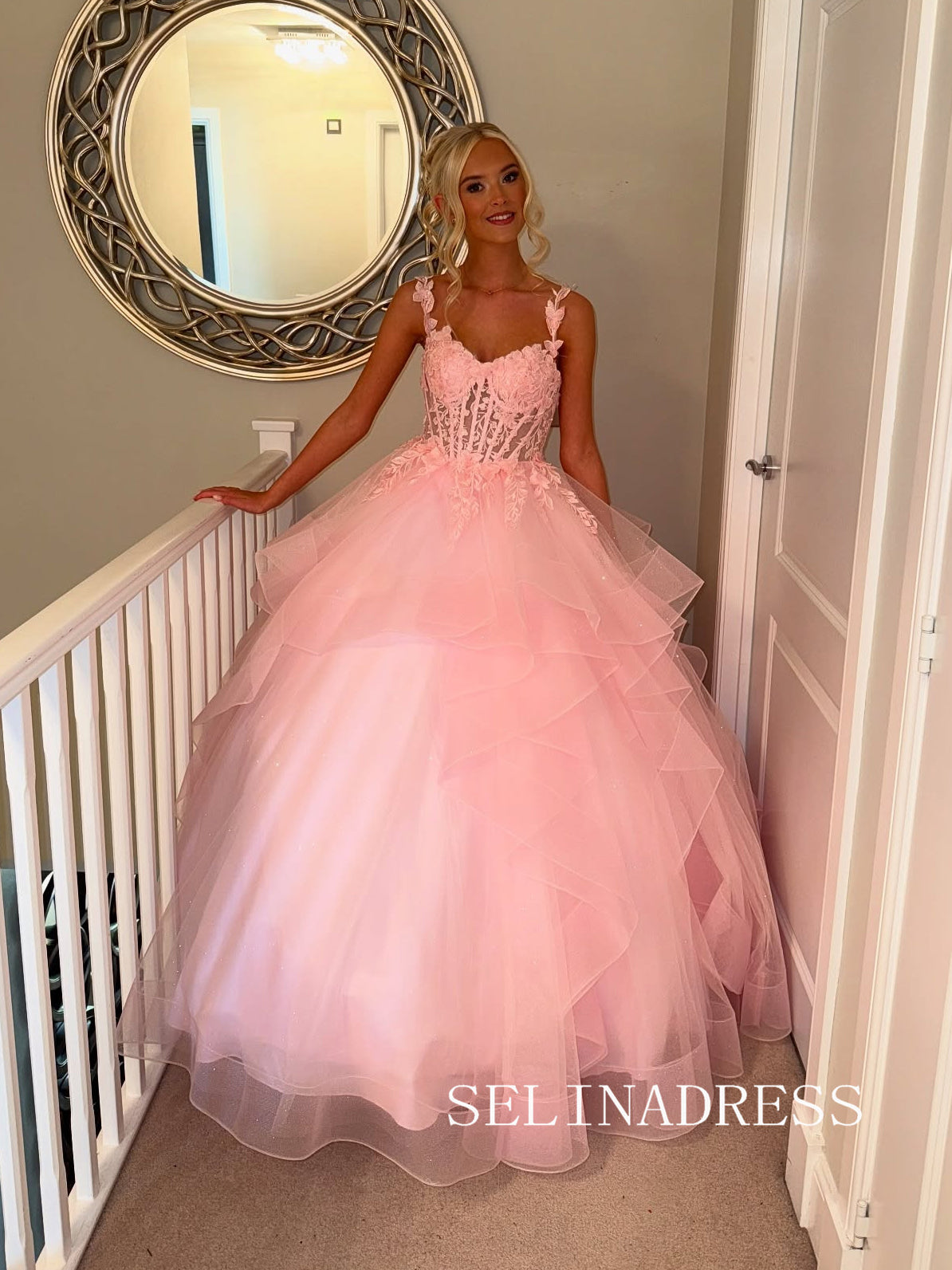 Chic A-line Straps Pink Long Prom Dresses Lace Appliques Evening Gowns REN003|Selinadress