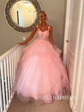 Chic A-line Straps Pink Long Prom Dresses Lace Appliques Evening Gowns REN003|Selinadress