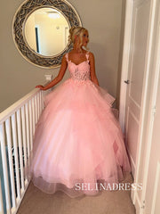 Chic A-line Straps Pink Long Prom Dresses Lace Appliques Evening Gowns REN003|Selinadress