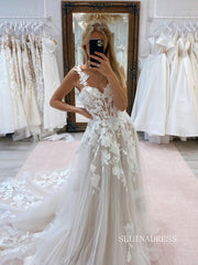 Chic A-line Straps White Country Wedding Dress Rustic Appliques Bridal Dresses lpk124|Selinadress