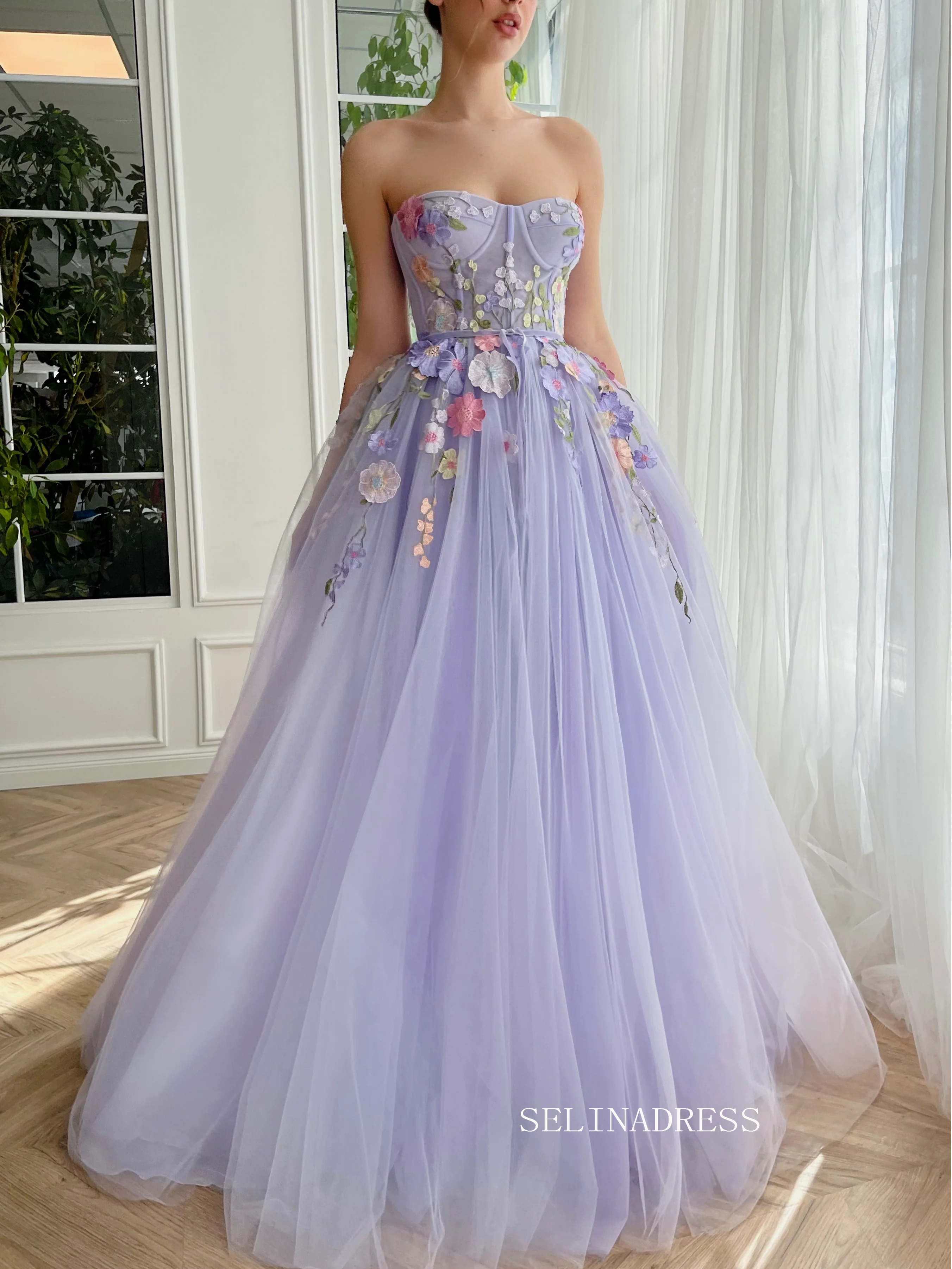 Chic A-line Sweetheart Lavender Long Prom Dress Elegant Floral Evening Gown #OPW030|Selinadress